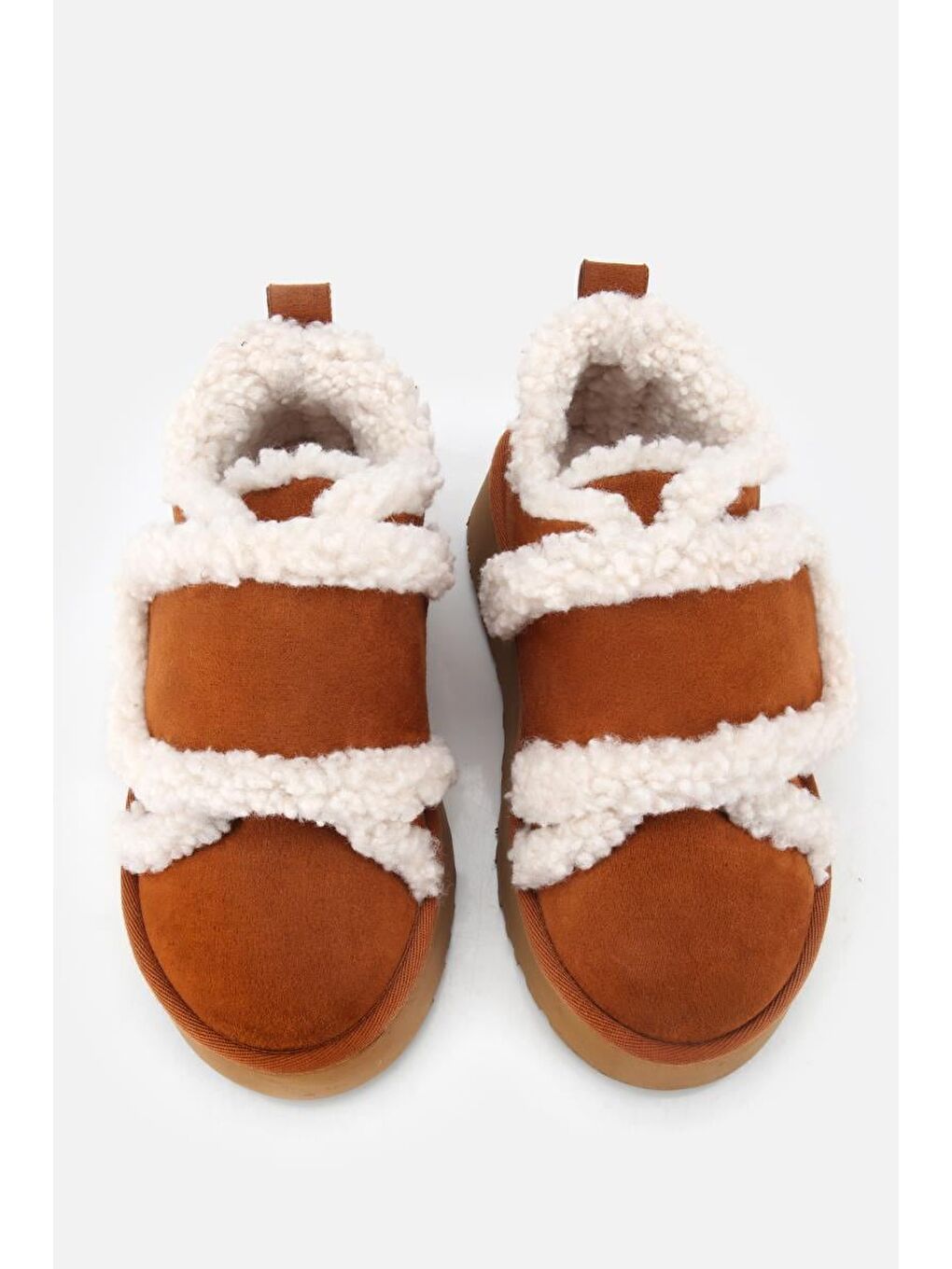 Kahverengi Kadın Süet Taba İçi Kürklü Yüksek Tabanlı Kalın Bantlı Düz Ayakkabı-5