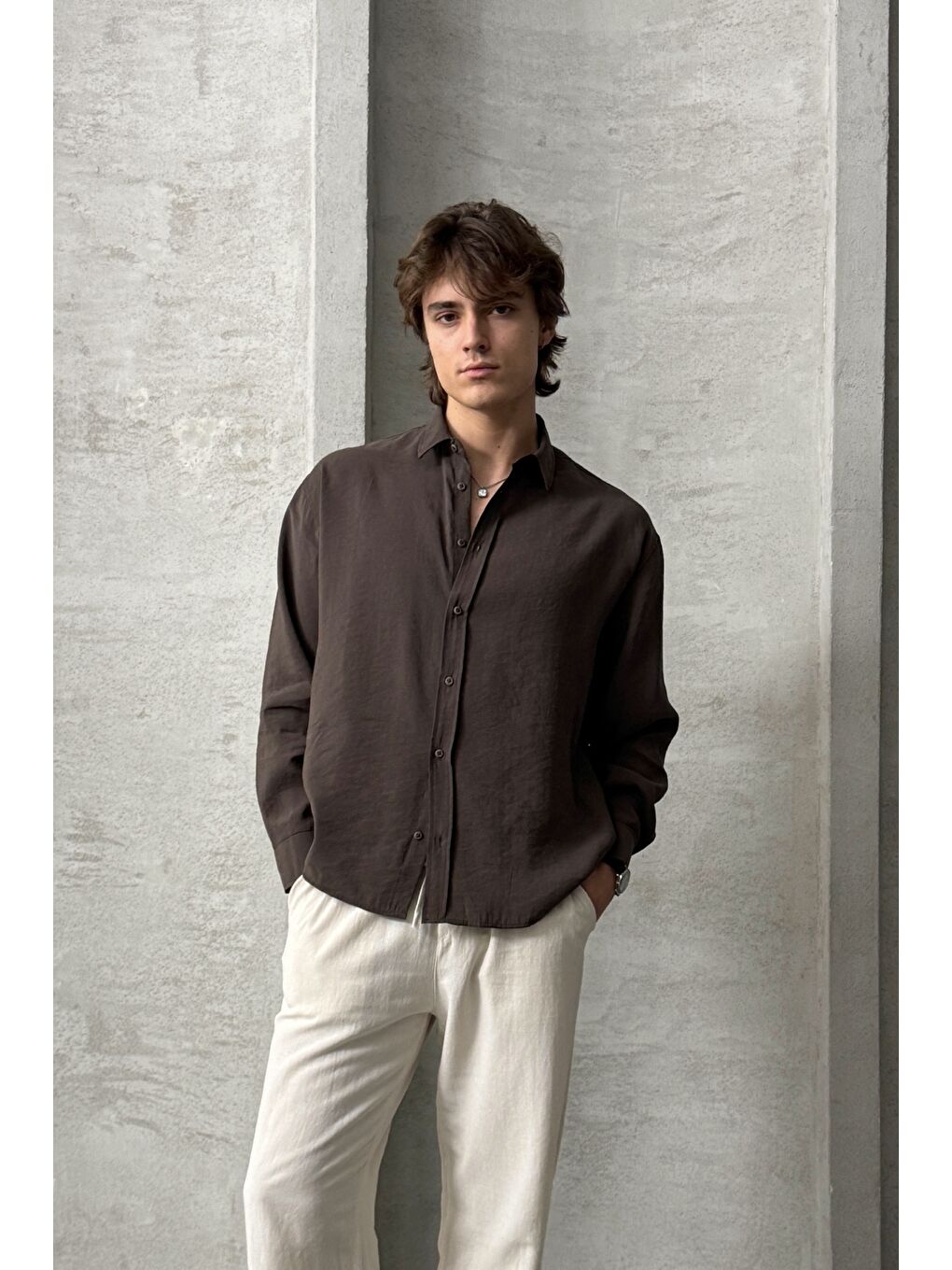Kahverengi Erkek Oversize Modal Gömlek-5