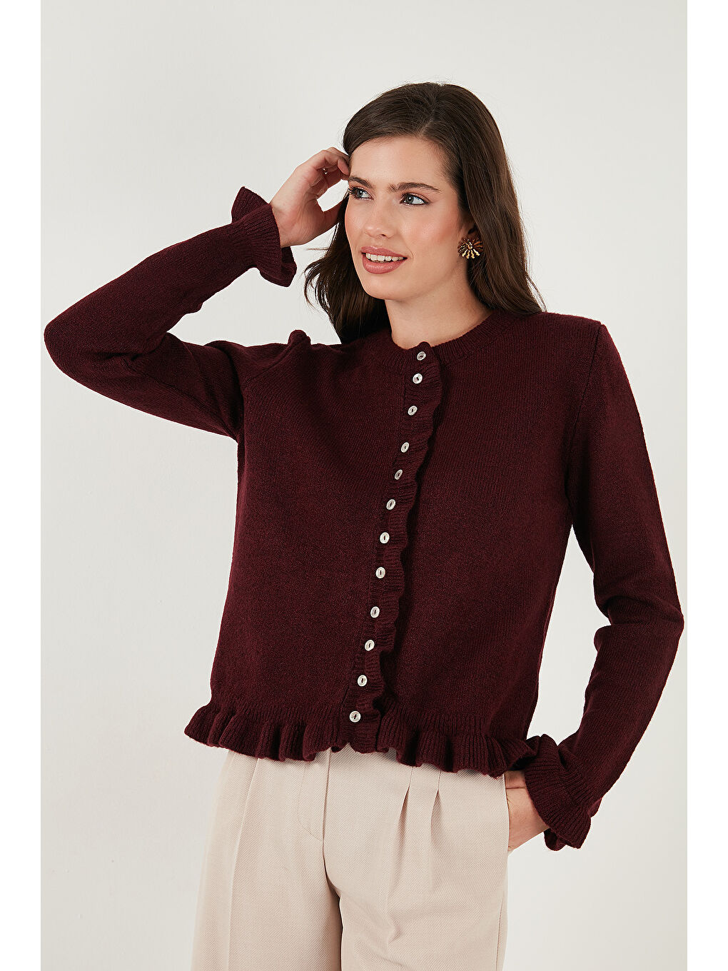 Bordo Premium Pile Detaylı Regular Fit Yuvarlak Yaka Kadın Triko Hırka 680HI00038-3