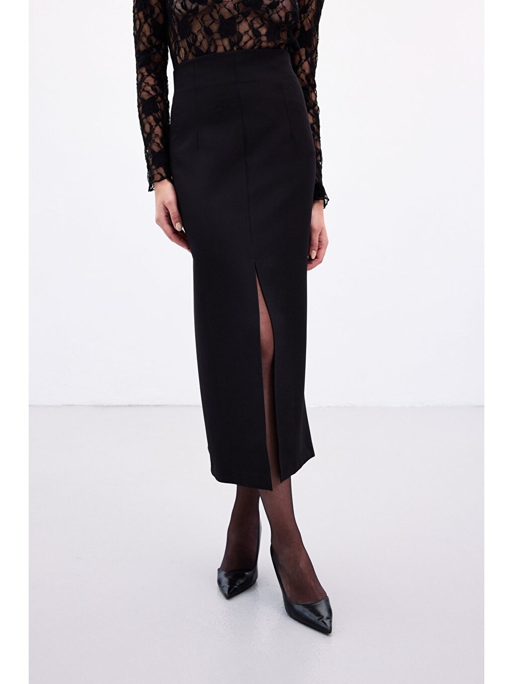 Yırtmaçlı Midi Etek - Siyah-6