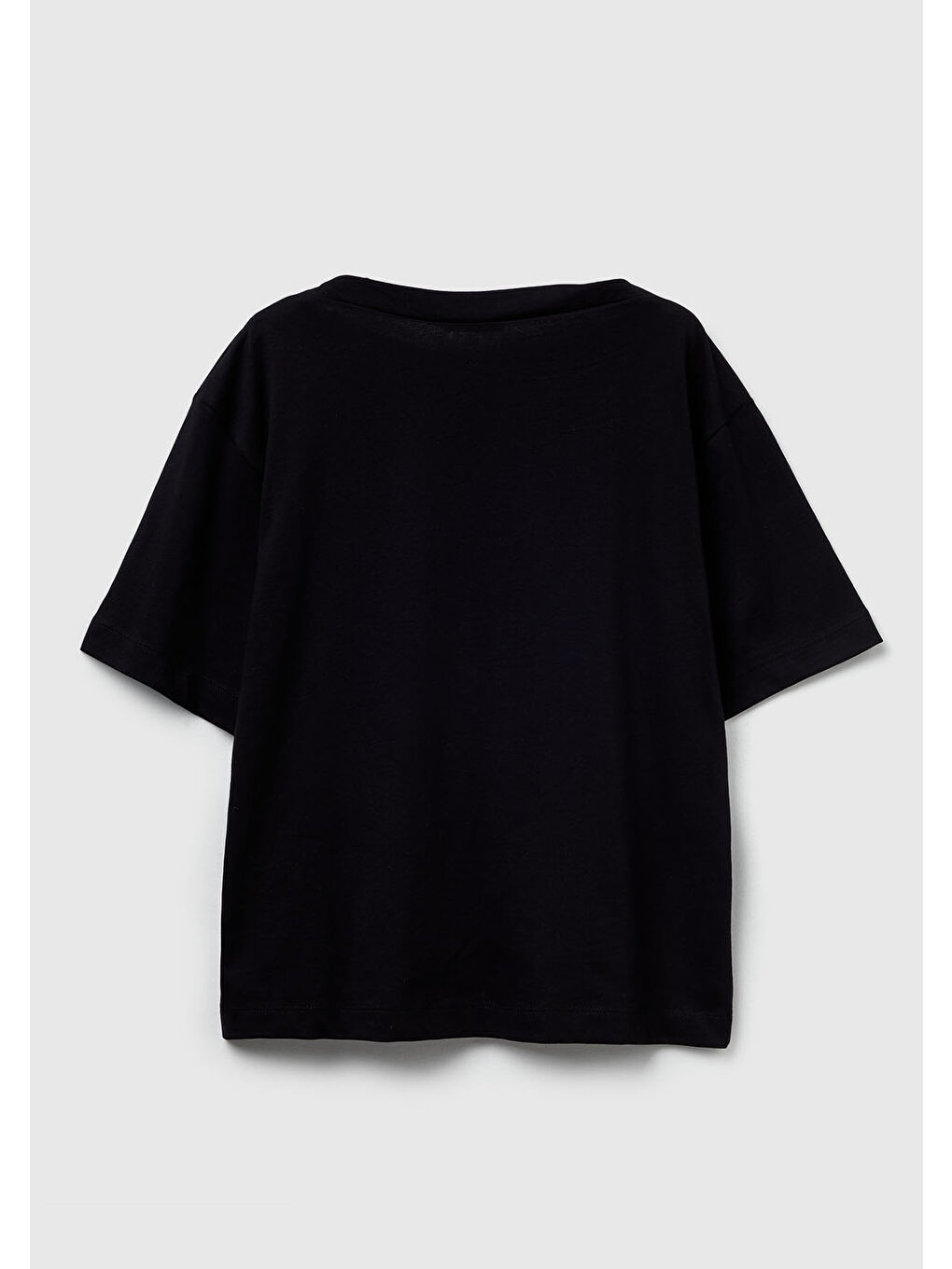 Kadın Siyah %100 Pamuk Önü Yazı İşlemeli Kayık Yaka T-Shirt-1