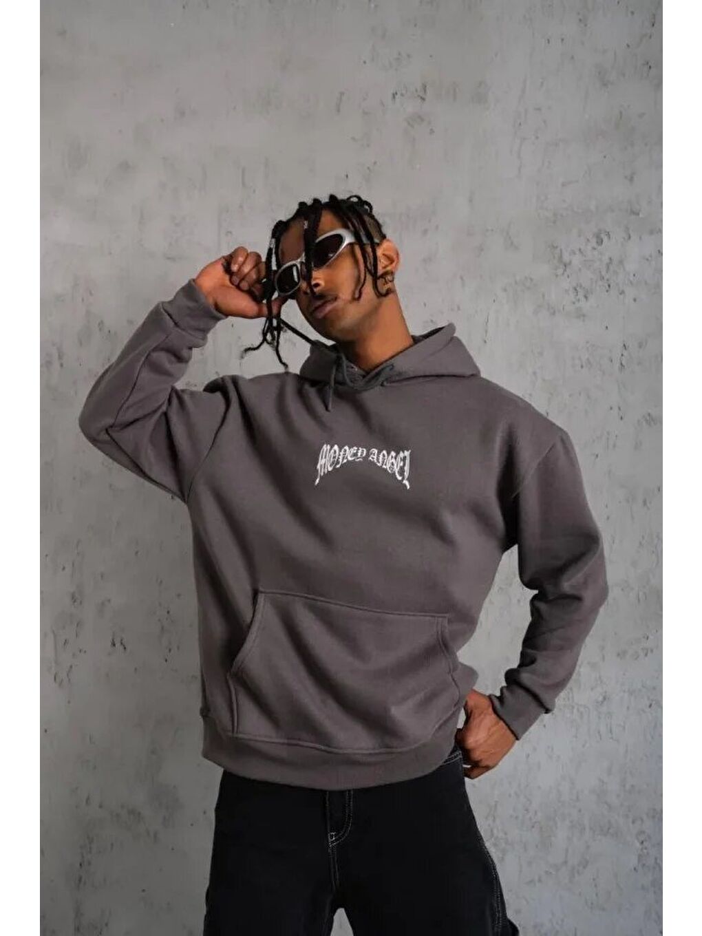 Gri Erkek Kordon İpli Baskılı Kapüşonlu Sweatshirt - Füme