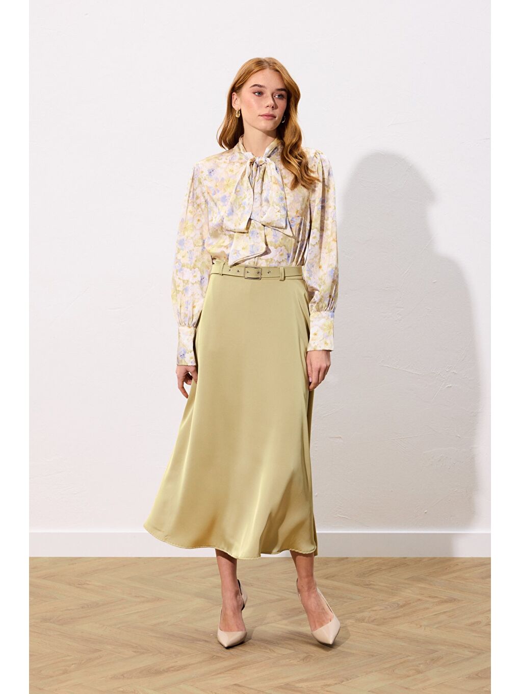 Yeşil Kemerli Saten Etek - Olive-2