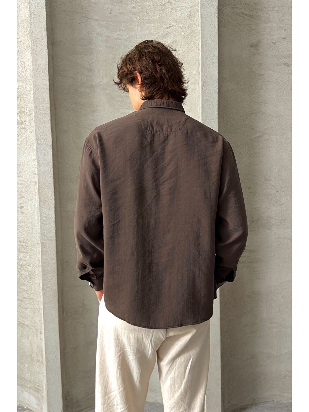 Kahverengi Erkek Oversize Modal Gömlek-6