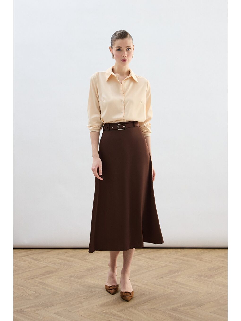 Kahverengi Kemerli Saten Etek - Kahve-1