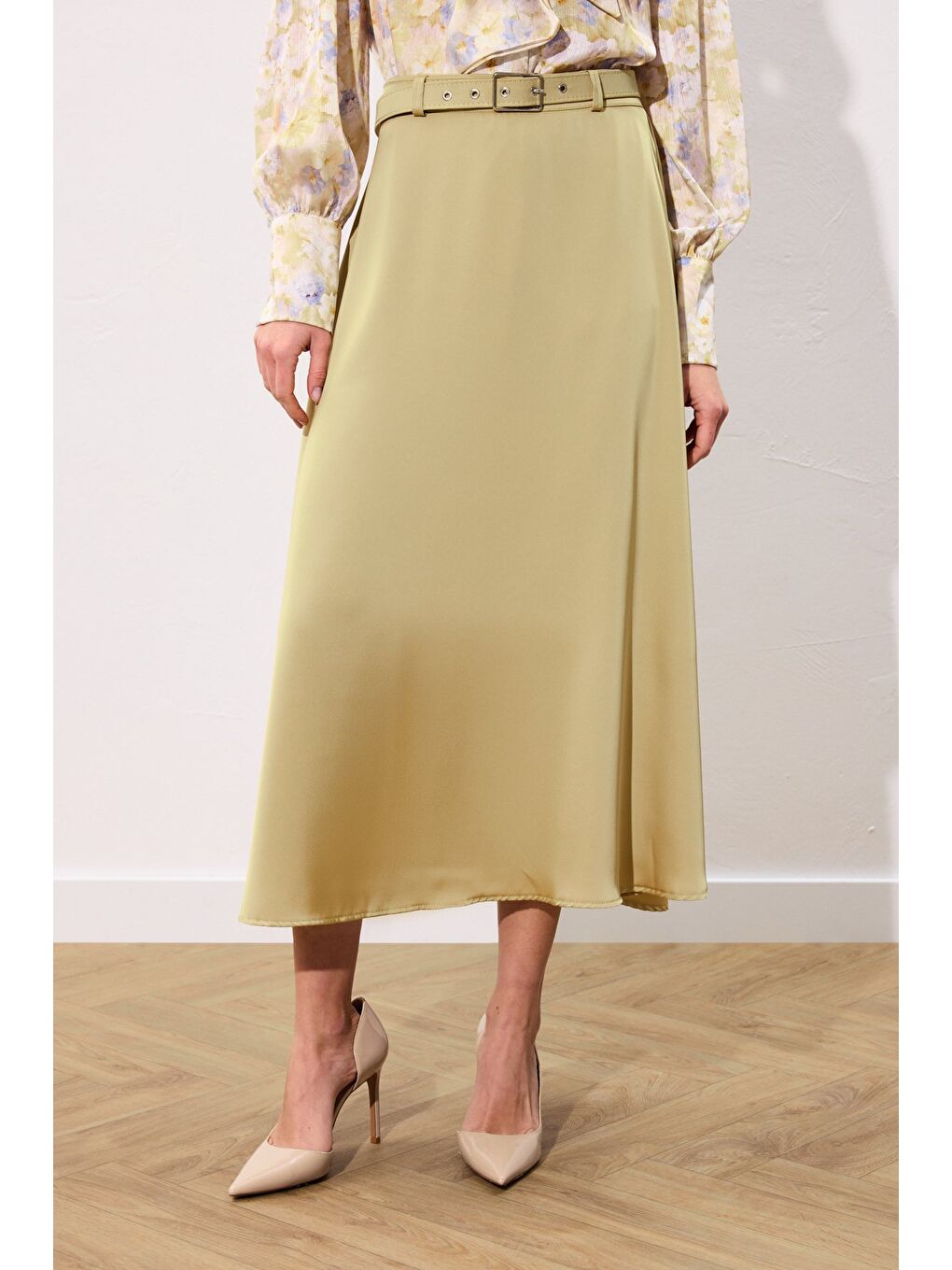 Yeşil Kemerli Saten Etek - Olive-3