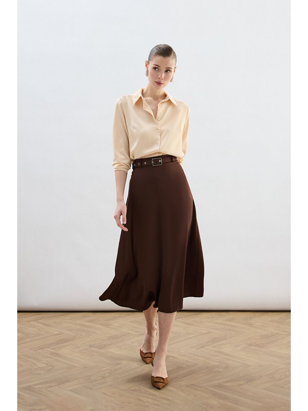 Kahverengi Kemerli Saten Etek - Kahve-2