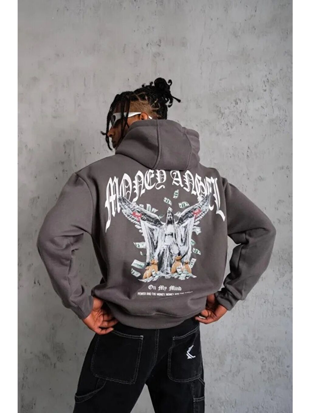 Gri Erkek Kordon İpli Baskılı Kapüşonlu Sweatshirt - Füme-1