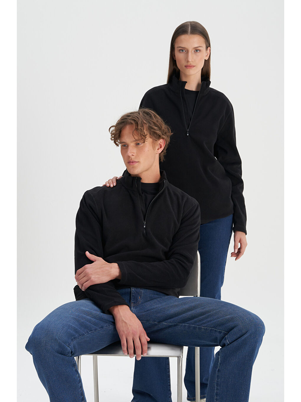 Siyah Erkek SIYAH-HAKI-LACI 3'lü Paket Standart Fit Bato Yaka Soğuk Geçirmez Sweatshirt Polar-5