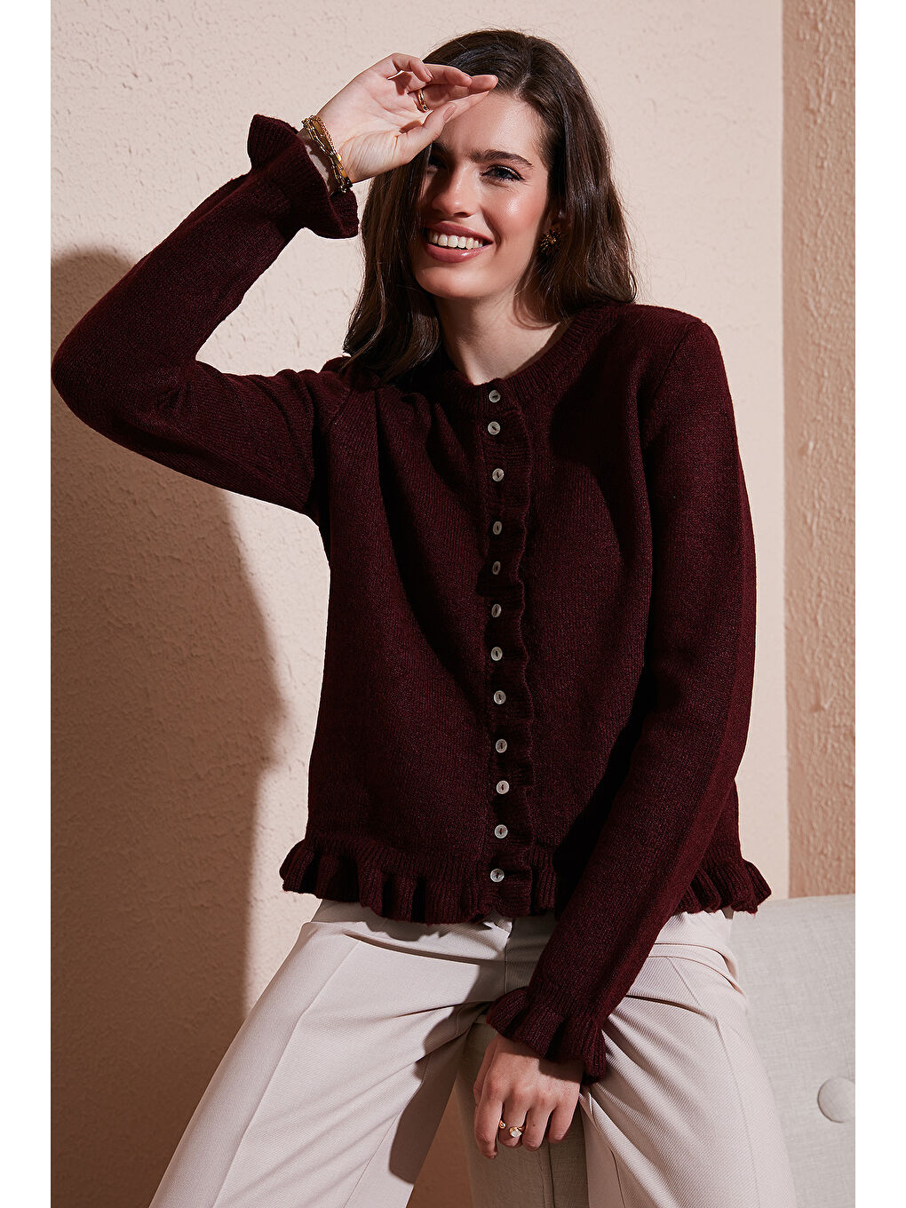 Bordo Premium Pile Detaylı Regular Fit Yuvarlak Yaka Kadın Triko Hırka 680HI00038-4