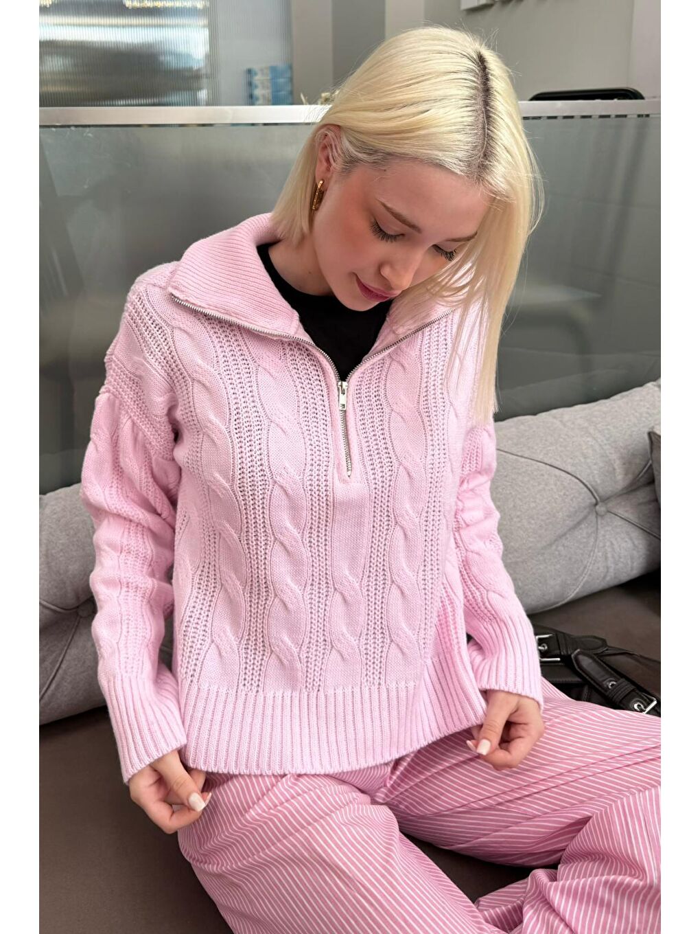 Pembe Örgü Desenli Kadın Triko Kazak Mg2546-3