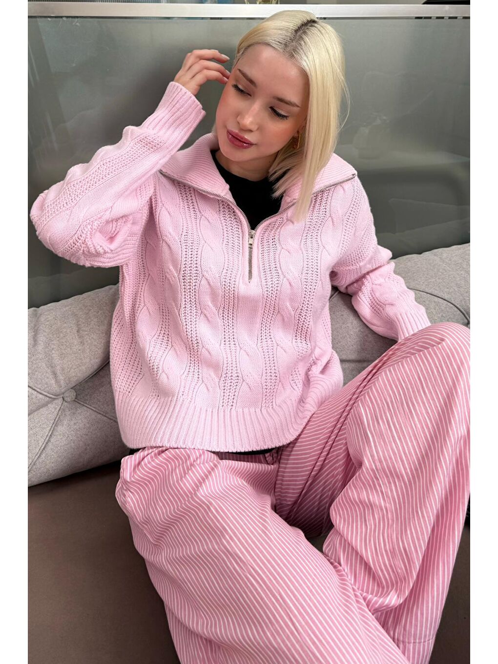 Pembe Örgü Desenli Kadın Triko Kazak Mg2546-4