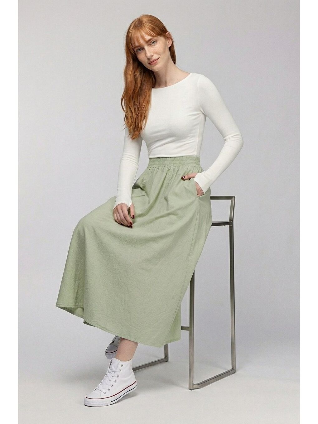 Yeşil Mint Kadın A Kesim Yüksek Bel Cepli Dökümlü Kloş Etek - Dokulu Keten-1