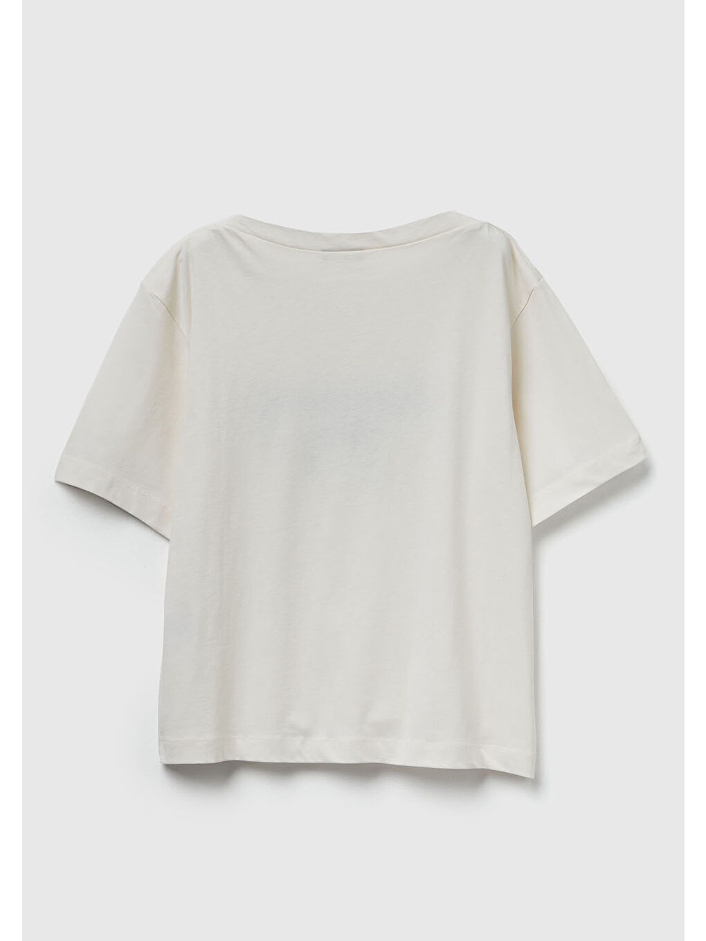 Ekru Kadın Krem %100 Pamuk Önü Yazı İşlemeli Kayık Yaka T-Shirt-3