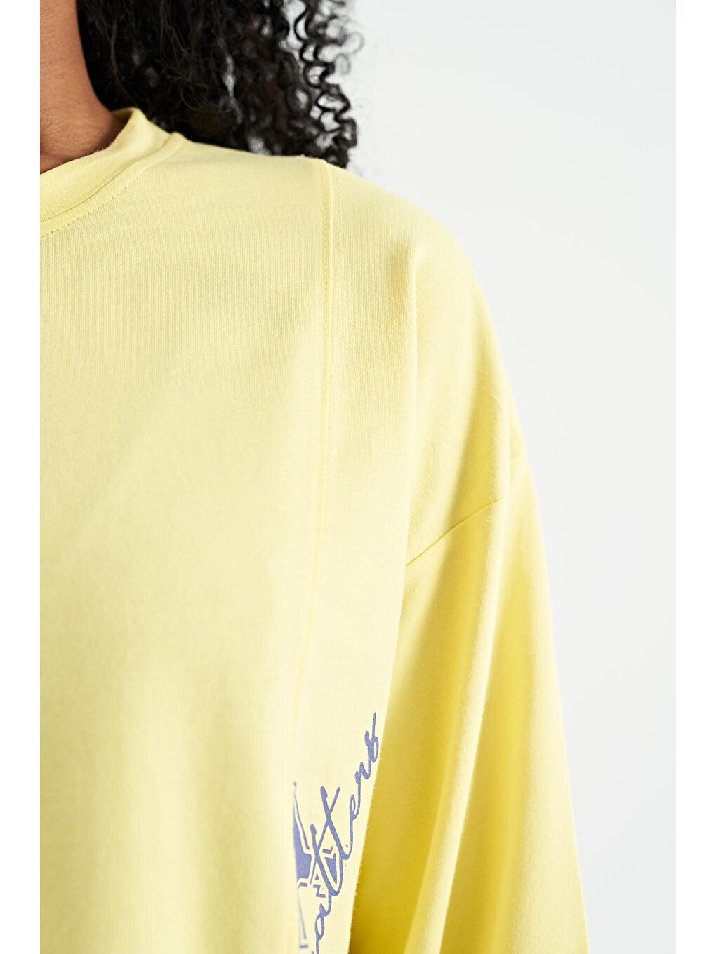 Veryperi Limon Sarısı Limon Nakış Detaylı Balon Kol Crop Basic Kadın Sweatshirt - 02118 - 1