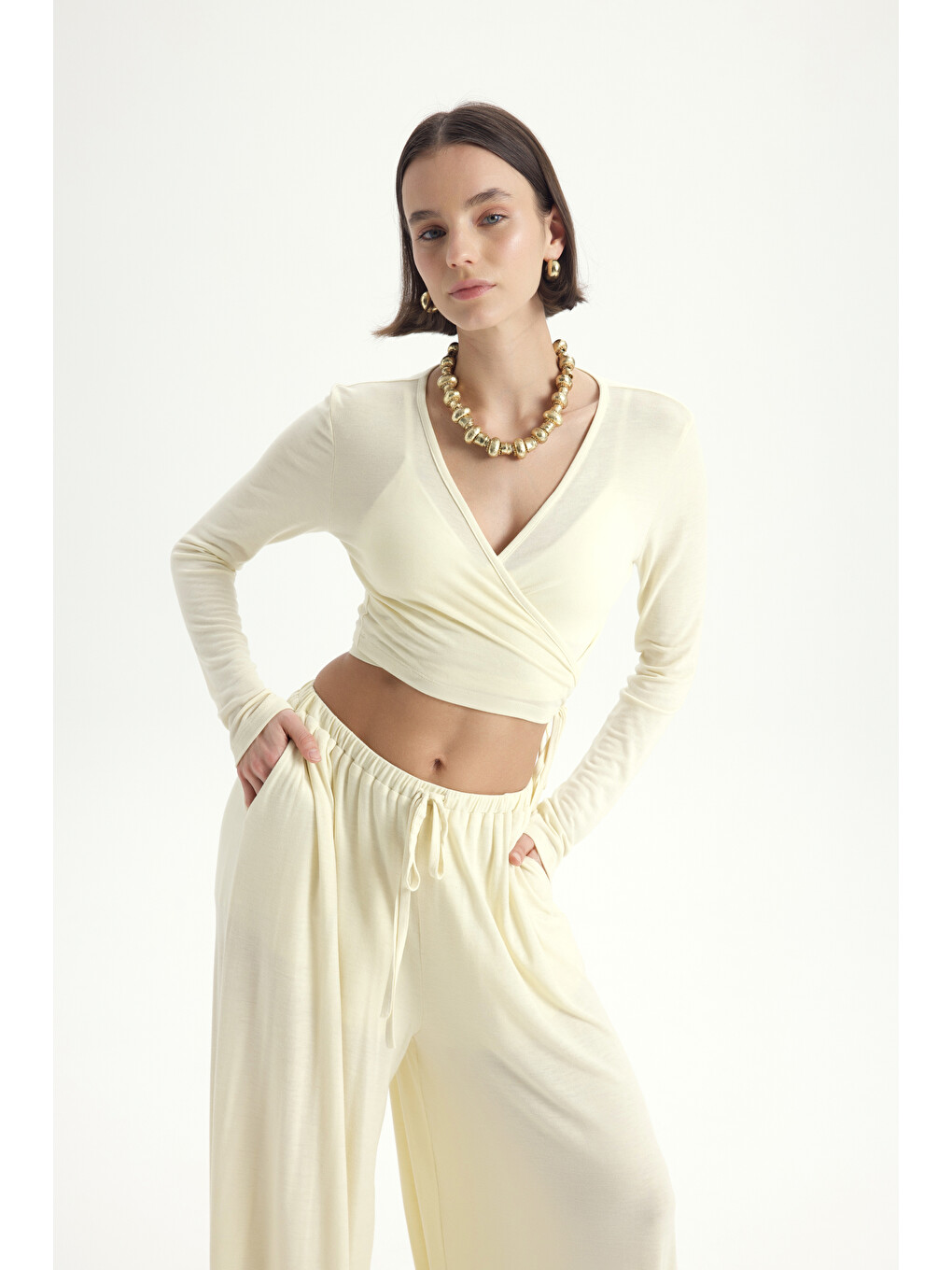 Vena Bağlamalı Sarı Crop Şalvar Pantolon Takım-5