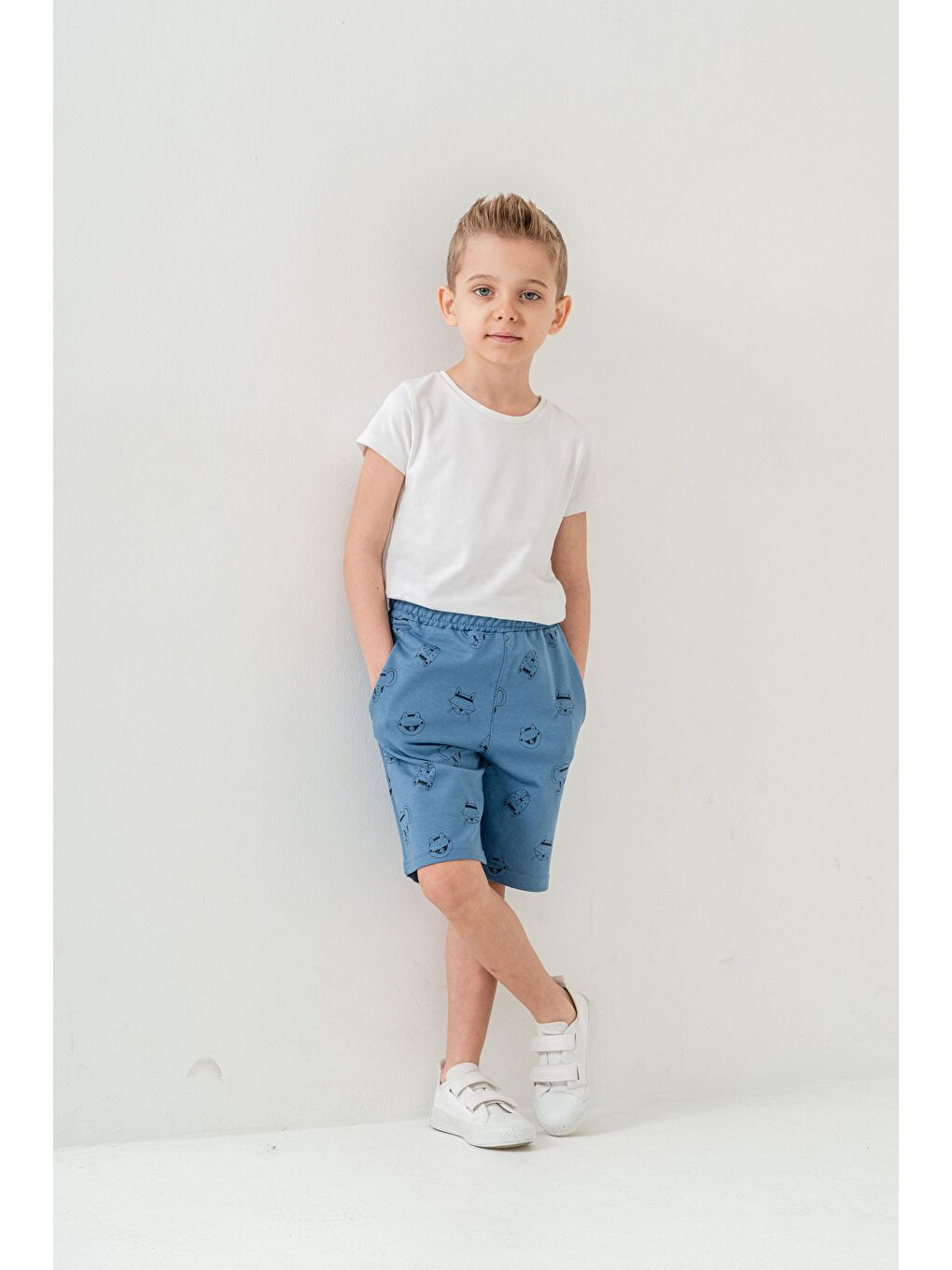 Mavi Tüm Alan Kedi Baskılı Erkek Çocuk Şort-1