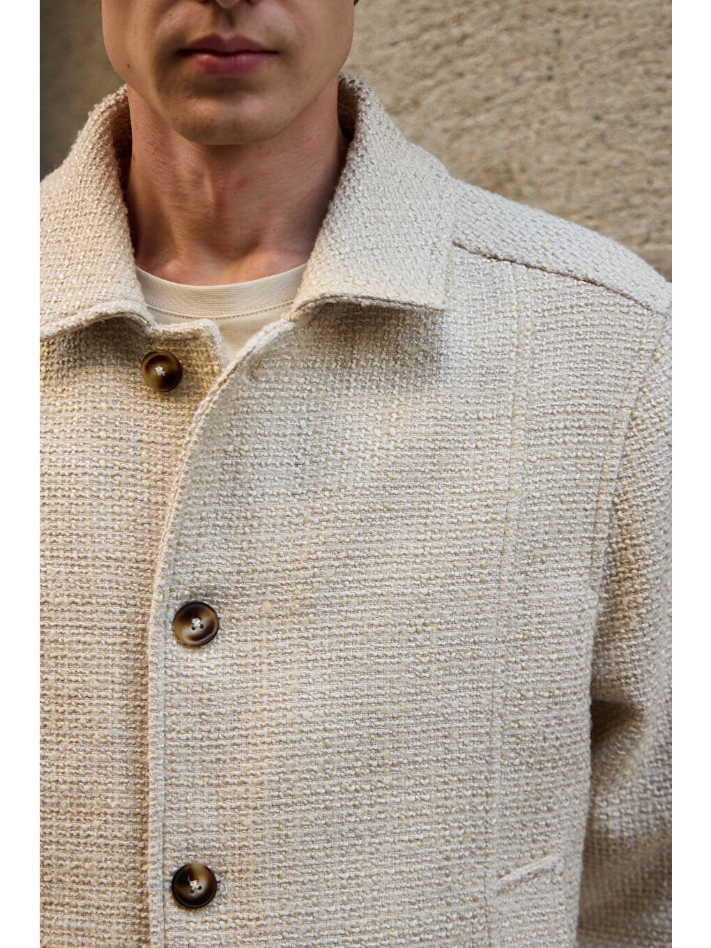 Erkek Tasarım Kumaş Teknik Mont Ceket Ekru-2