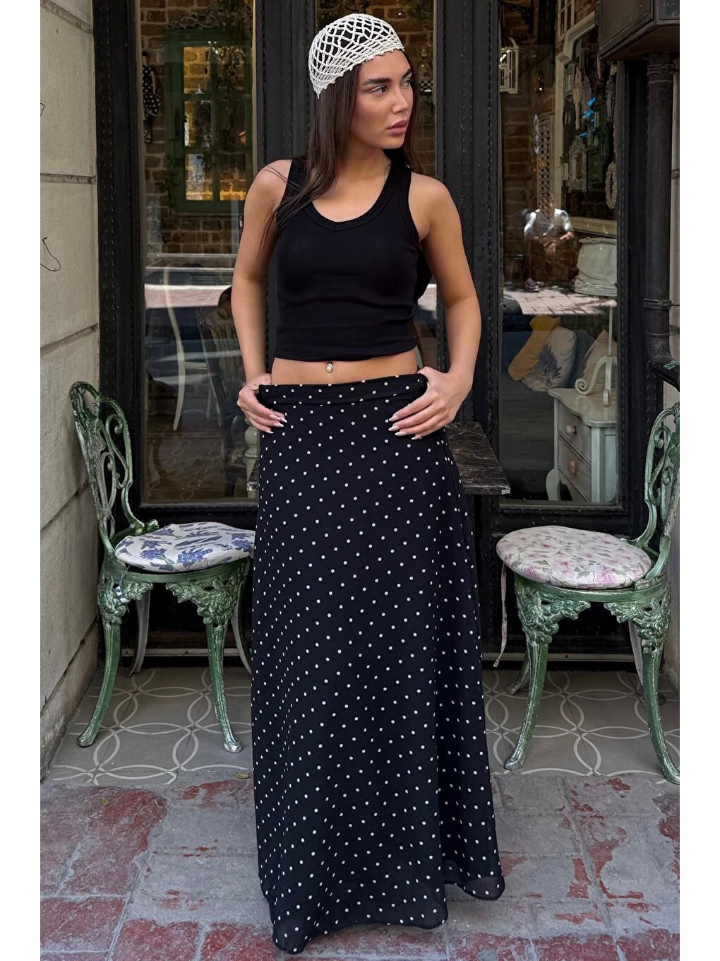 Siyah Minimal Puantiye Desen Şifon Astarlı Etek Mg2821-2