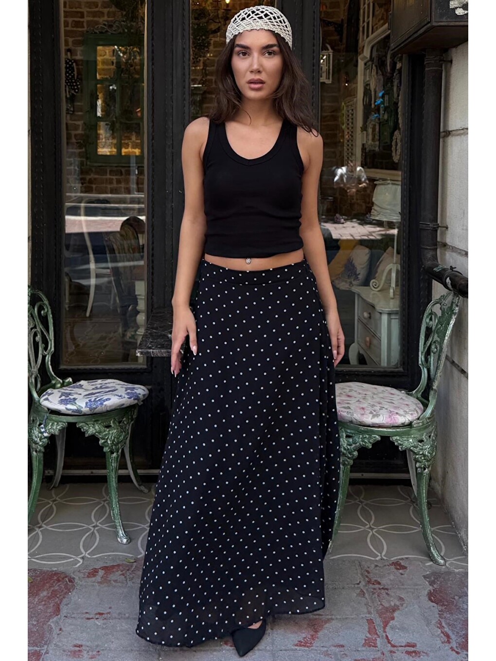 Siyah Minimal Puantiye Desen Şifon Astarlı Etek Mg2821-3