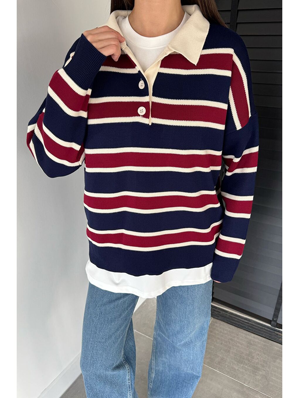 Bordo Kadın Yarım Düğmeli Çizgi Desenli Triko Kazak-1