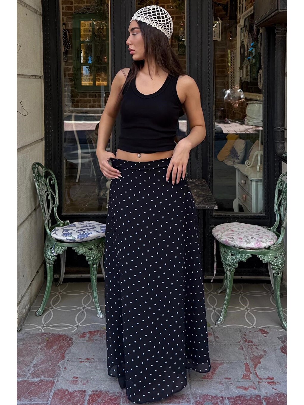 Siyah Minimal Puantiye Desen Şifon Astarlı Etek Mg2821-4