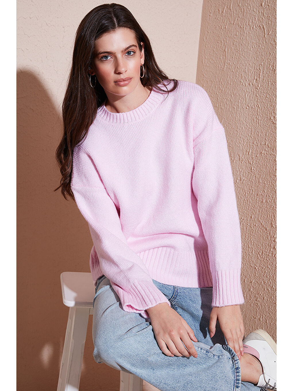 Pembe Regular Fit Bisiklet Yaka Basic Triko Kazak 4616213-1