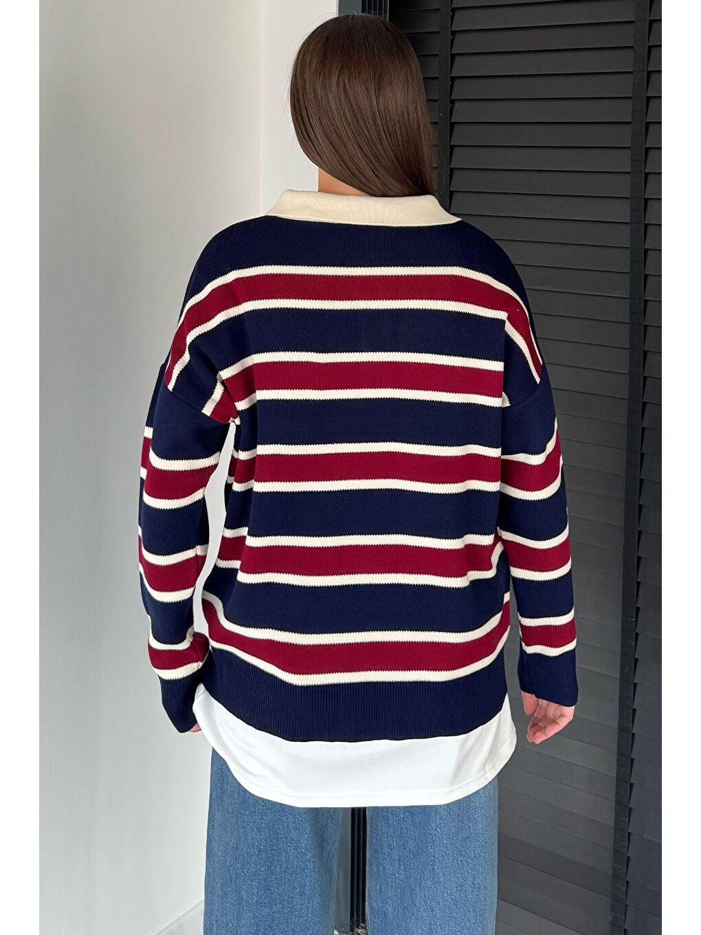 Bordo Kadın Yarım Düğmeli Çizgi Desenli Triko Kazak-3