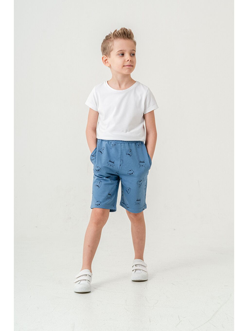 Mavi Tüm Alan Kedi Baskılı Erkek Çocuk Şort-2
