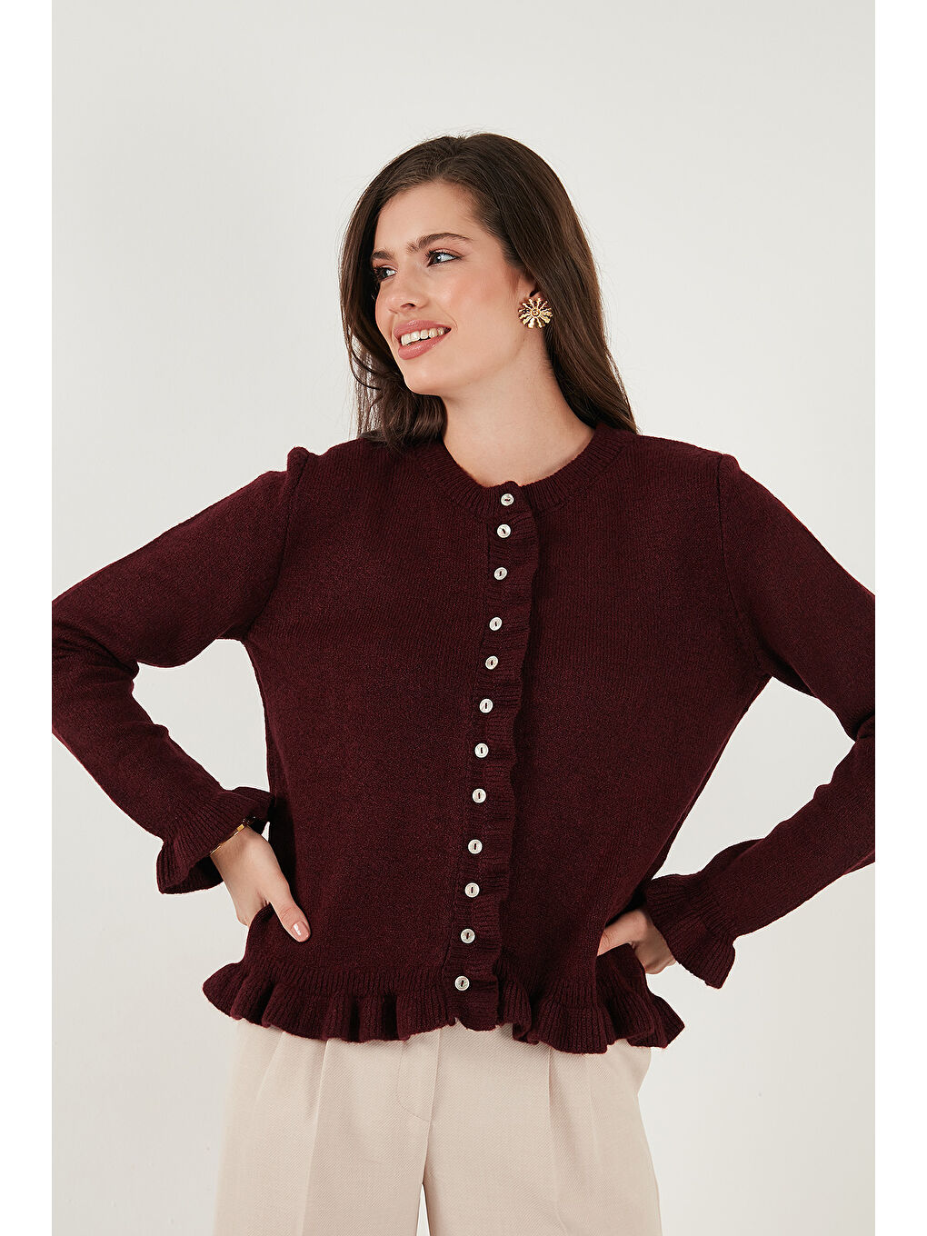 Bordo Premium Pile Detaylı Regular Fit Yuvarlak Yaka Kadın Triko Hırka 680HI00038-5