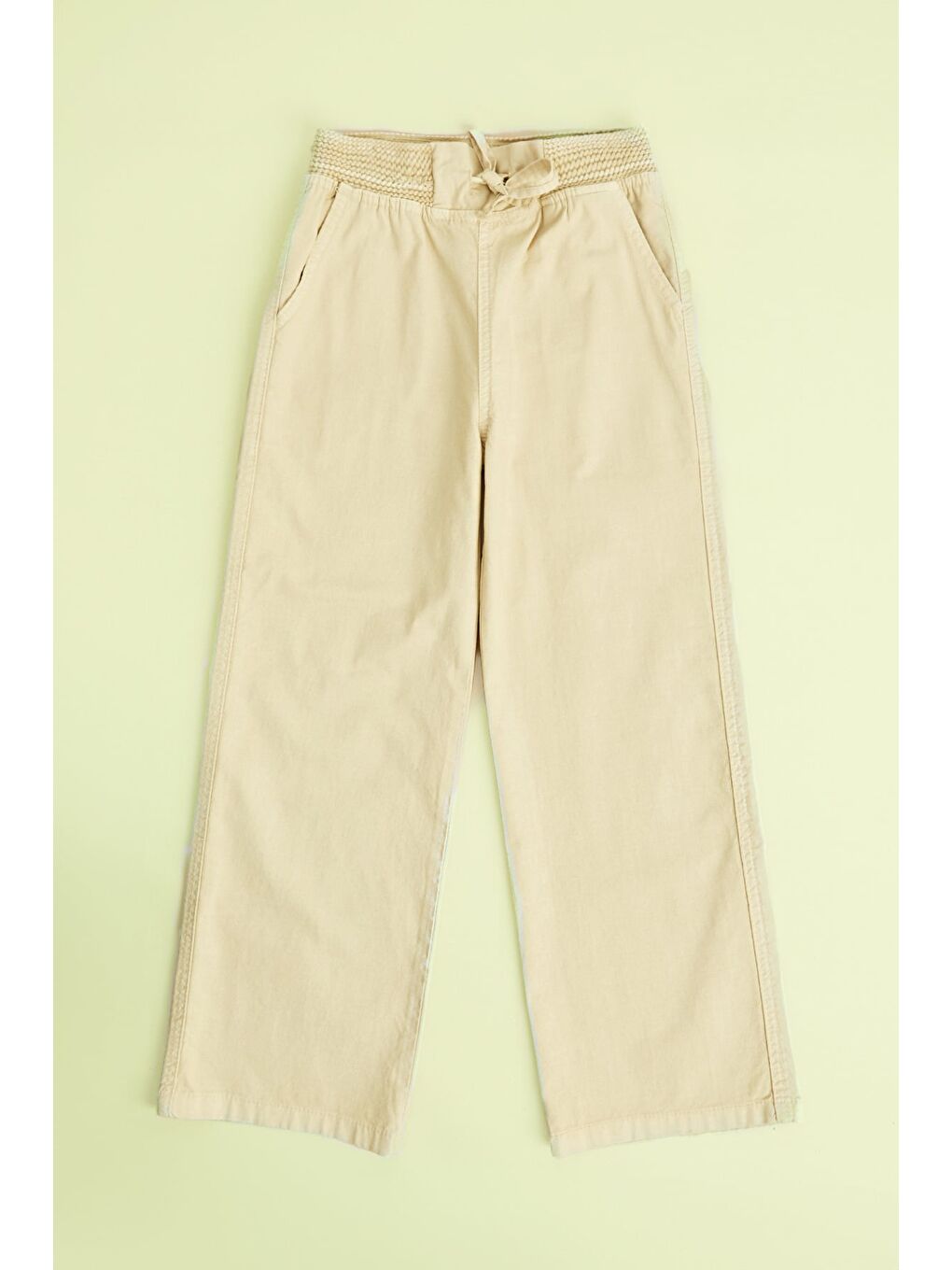 Bej Beli Lastikli Keten Görünümlü Kız Çocuk Pantolon