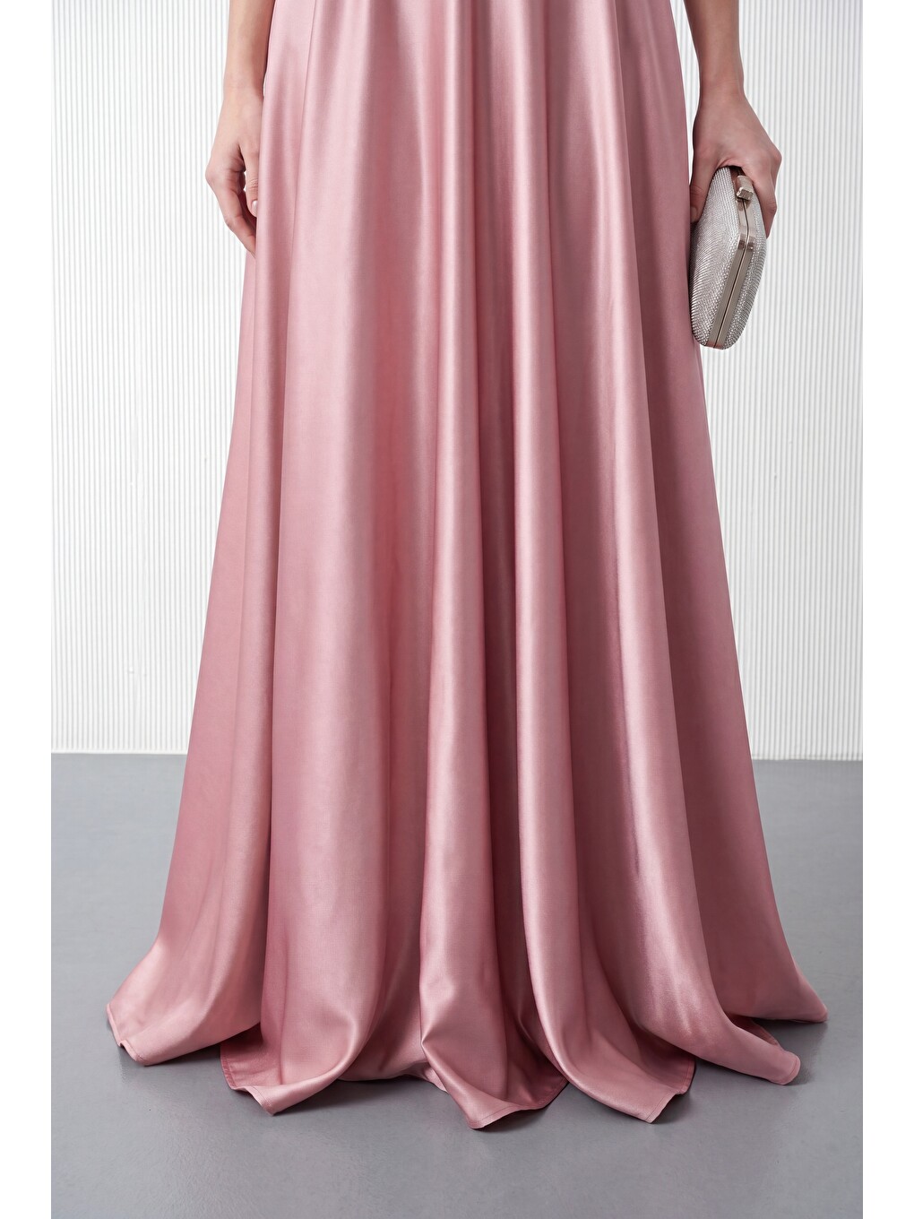 Kadın Pembe Kayık Yaka Taşlı Uzun Söz Nişan Nikah Abiye Elbise-3