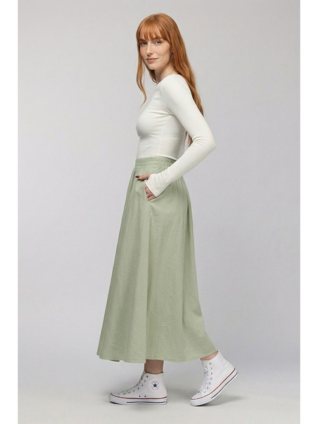 Yeşil Mint Kadın A Kesim Yüksek Bel Cepli Dökümlü Kloş Etek - Dokulu Keten-2