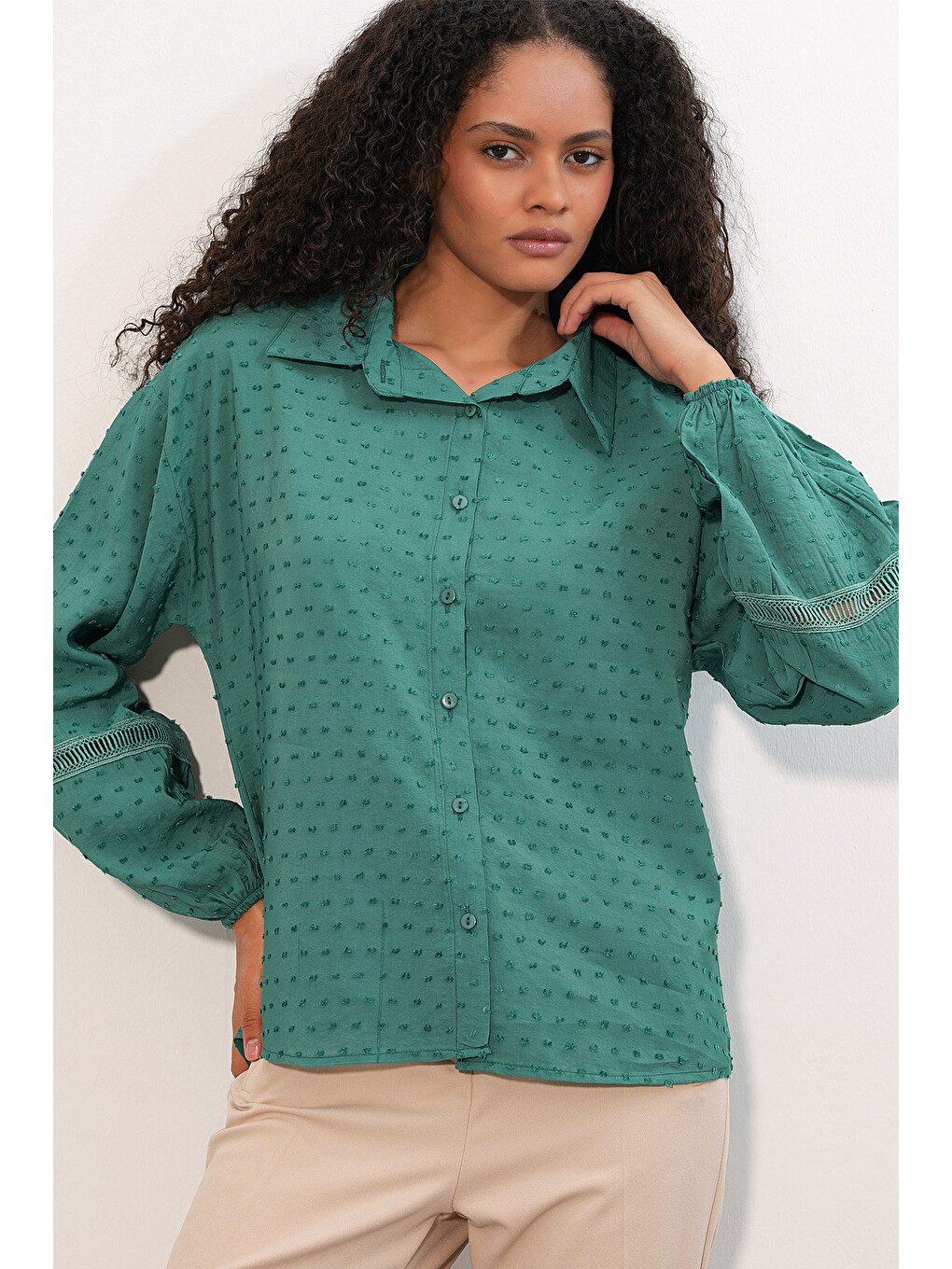 Kadın Oversize Desenli Gömlek 20379 - Zümrüt Yeşili