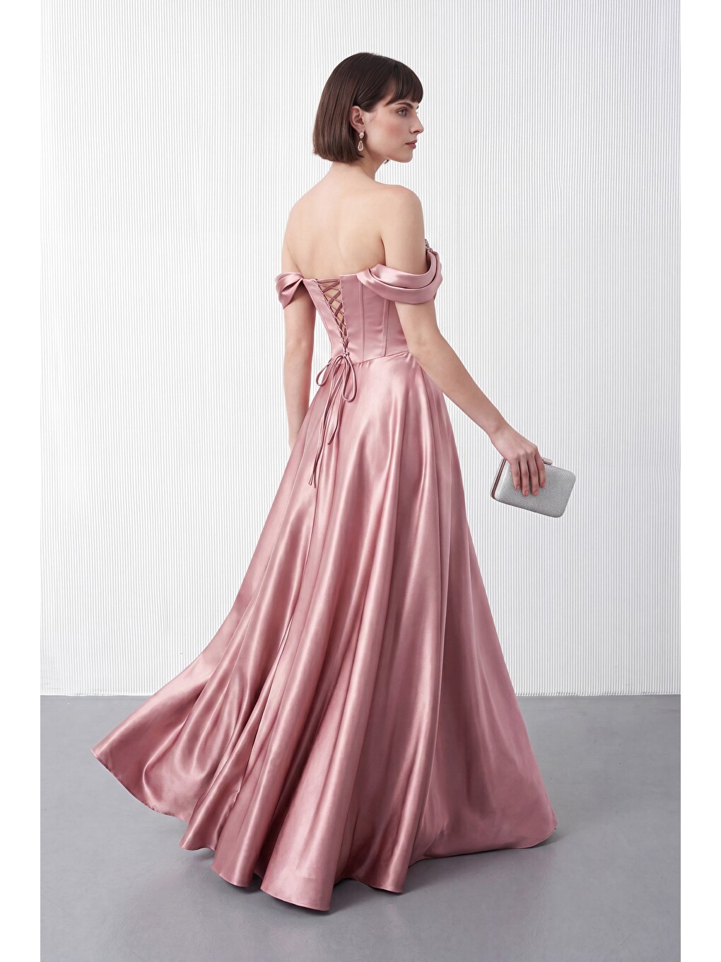 Kadın Pembe Kayık Yaka Taşlı Uzun Söz Nişan Nikah Abiye Elbise-4