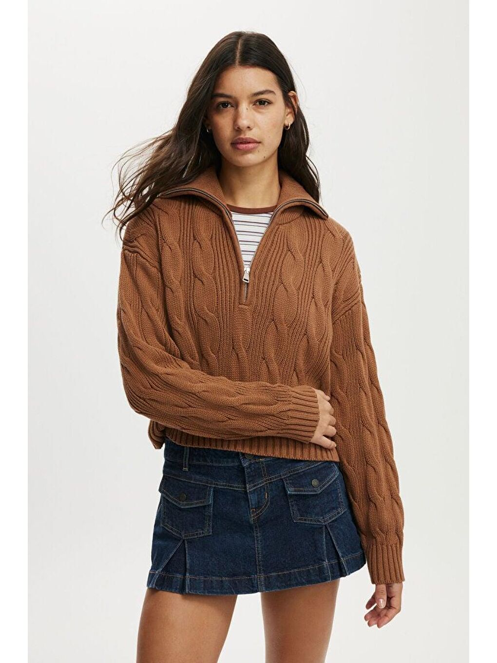 Kahverengi Örgü Desenli Kadın Triko Kazak Mg2546