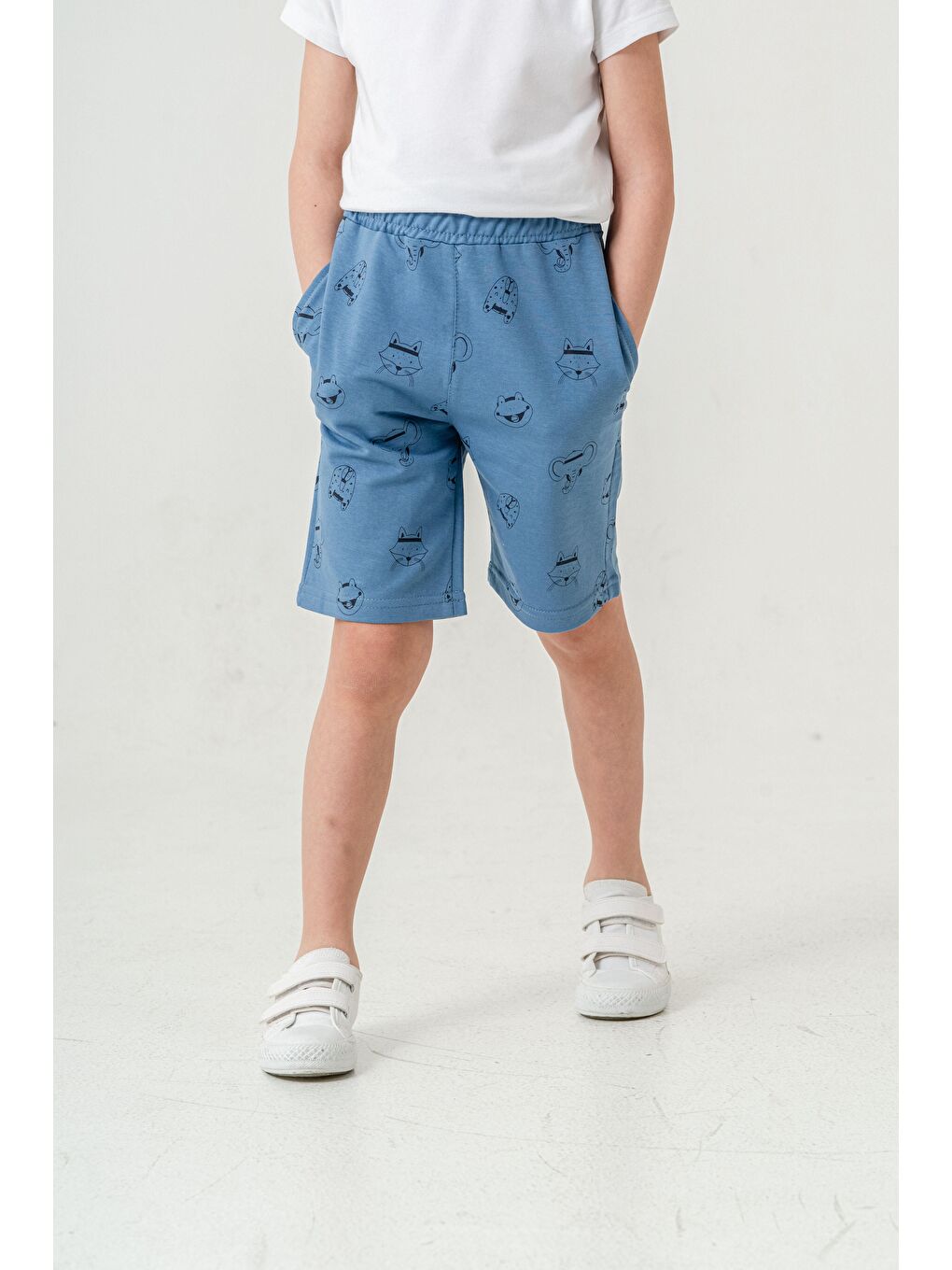 Mavi Tüm Alan Kedi Baskılı Erkek Çocuk Şort-4