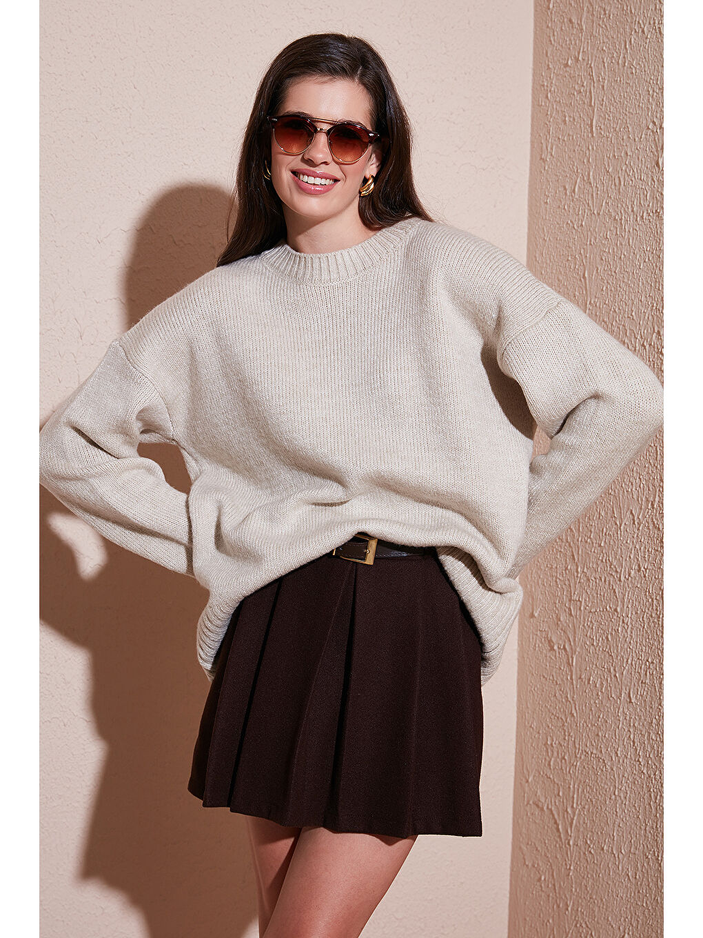 Bej Regular Fit Bisiklet Yaka Basic Triko Kazak 4616213-3