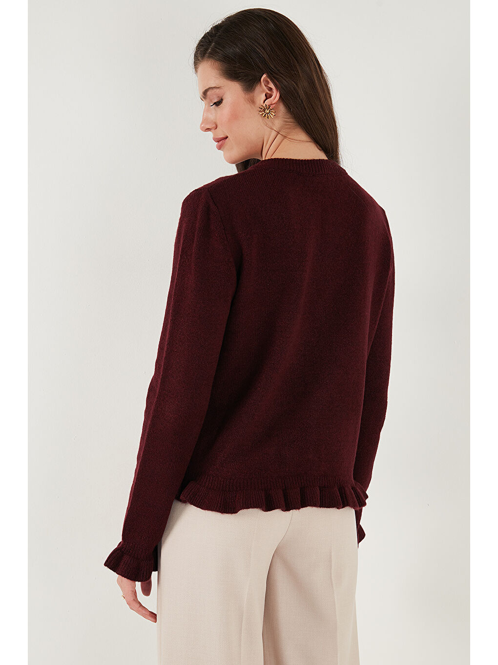 Bordo Premium Pile Detaylı Regular Fit Yuvarlak Yaka Kadın Triko Hırka 680HI00038-6