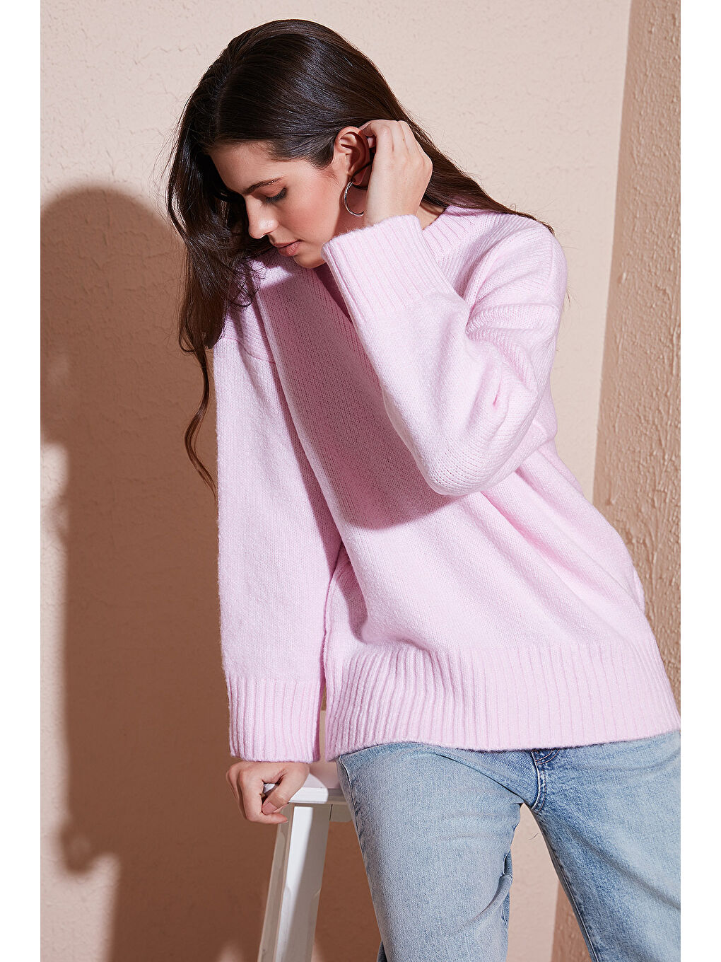 Pembe Regular Fit Bisiklet Yaka Basic Triko Kazak 4616213-2