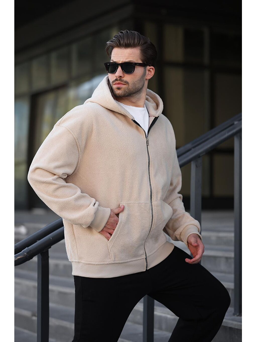 Bej Kapüşonlu Erkek Polar Hırka E7168-1