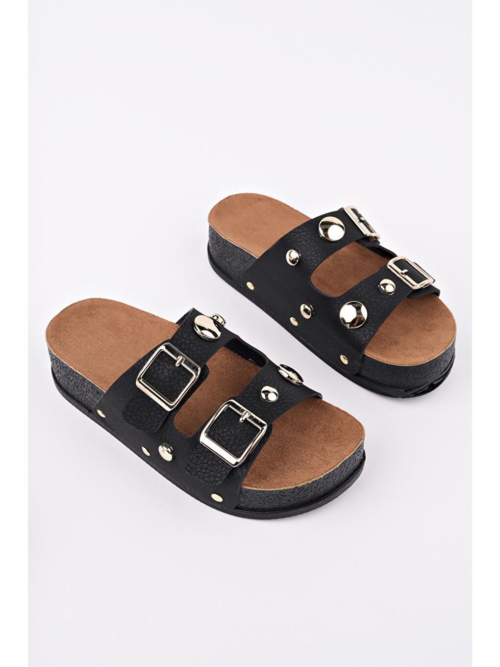 Siyah DENİS Çift Bantlı Ayarlanabilir Kemerli Günlük Kadın Terlik