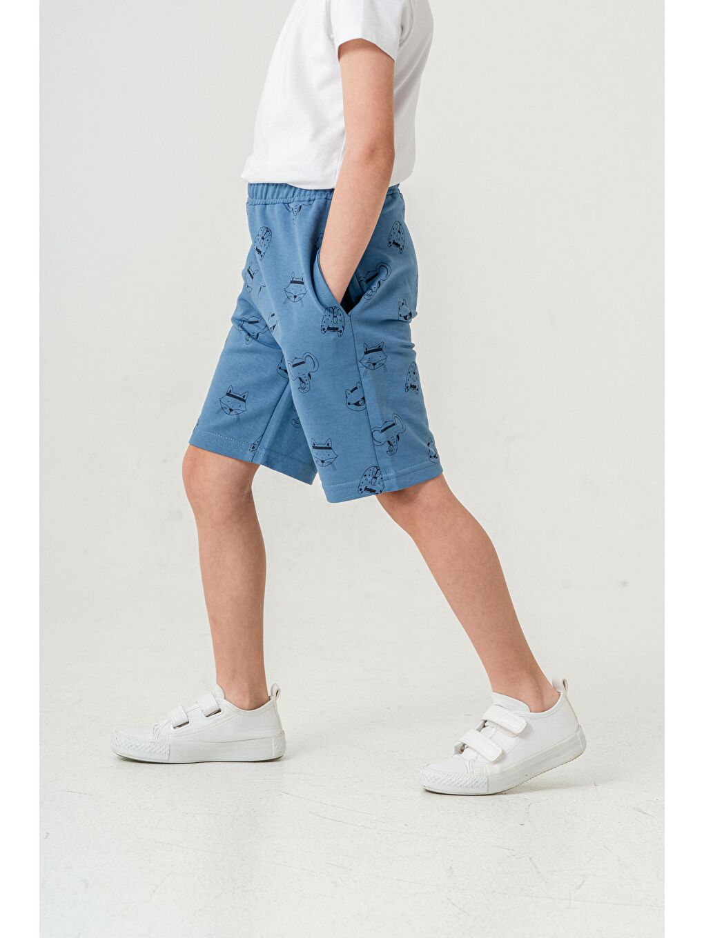 Mavi Tüm Alan Kedi Baskılı Erkek Çocuk Şort-5