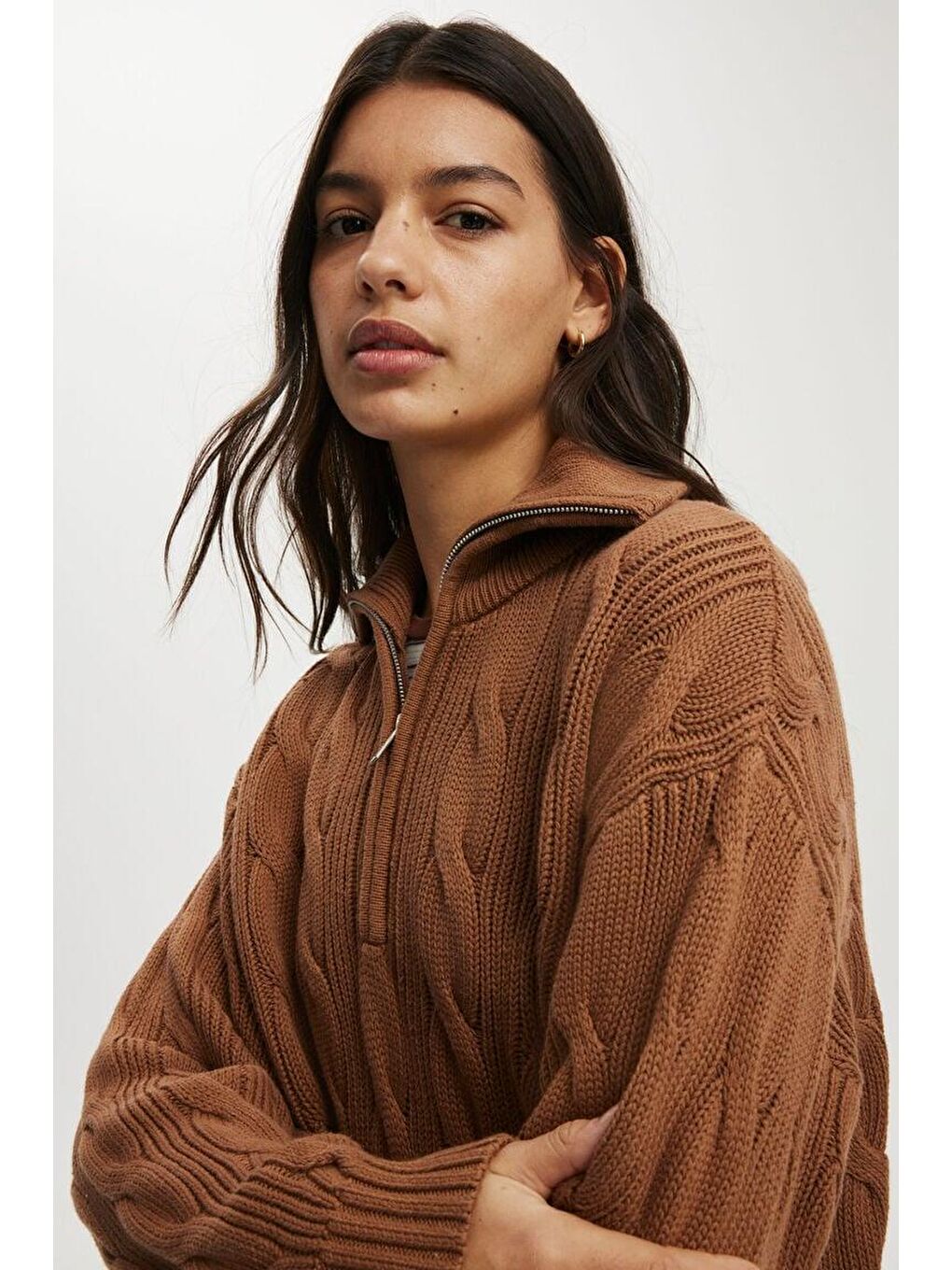 Kahverengi Örgü Desenli Kadın Triko Kazak Mg2546-1