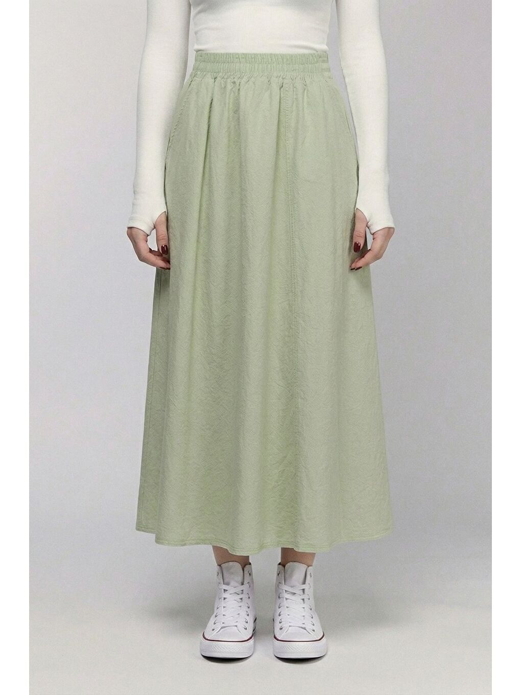 Yeşil Mint Kadın A Kesim Yüksek Bel Cepli Dökümlü Kloş Etek - Dokulu Keten-3