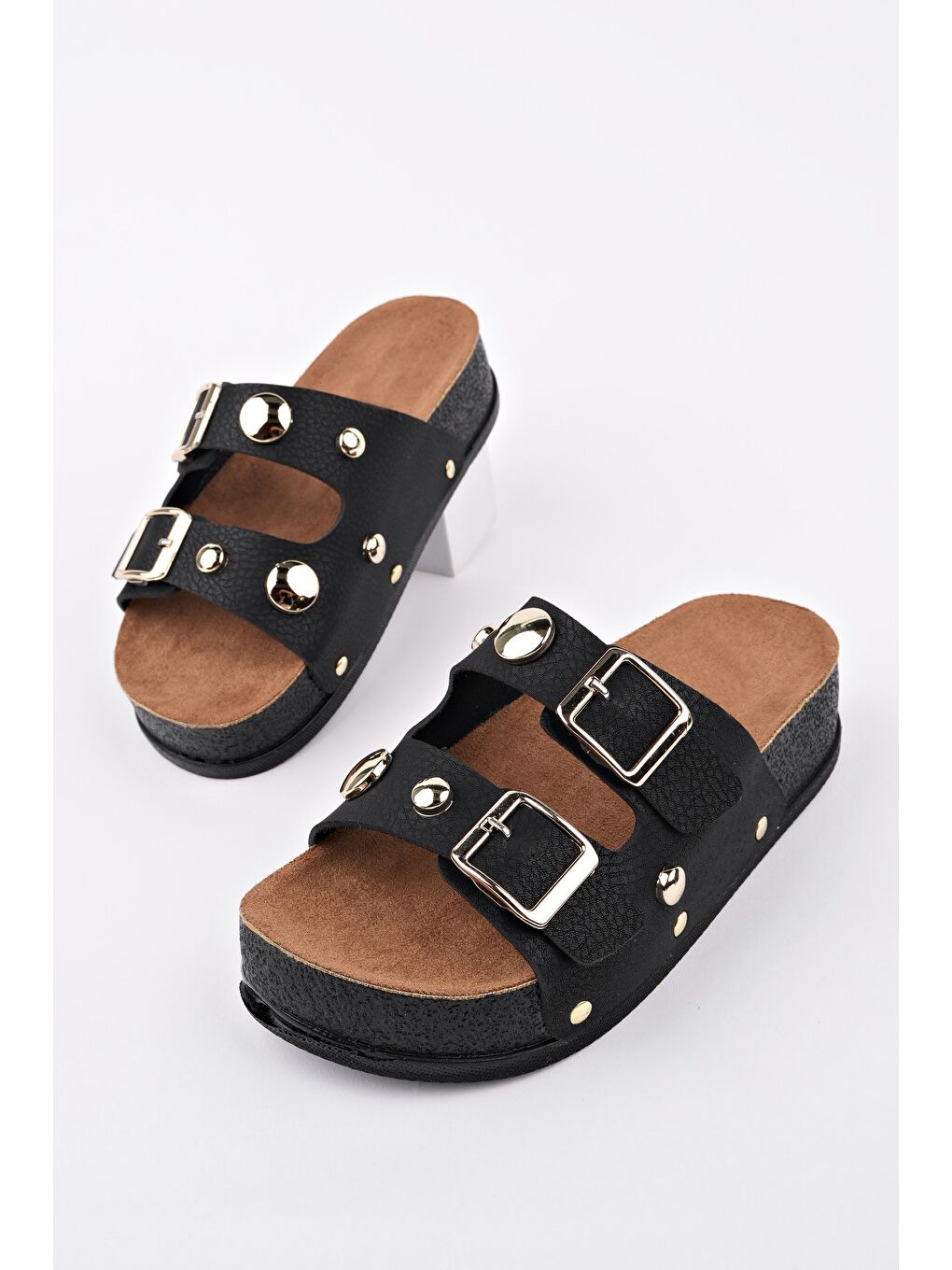 Siyah DENİS Çift Bantlı Ayarlanabilir Kemerli Günlük Kadın Terlik-1