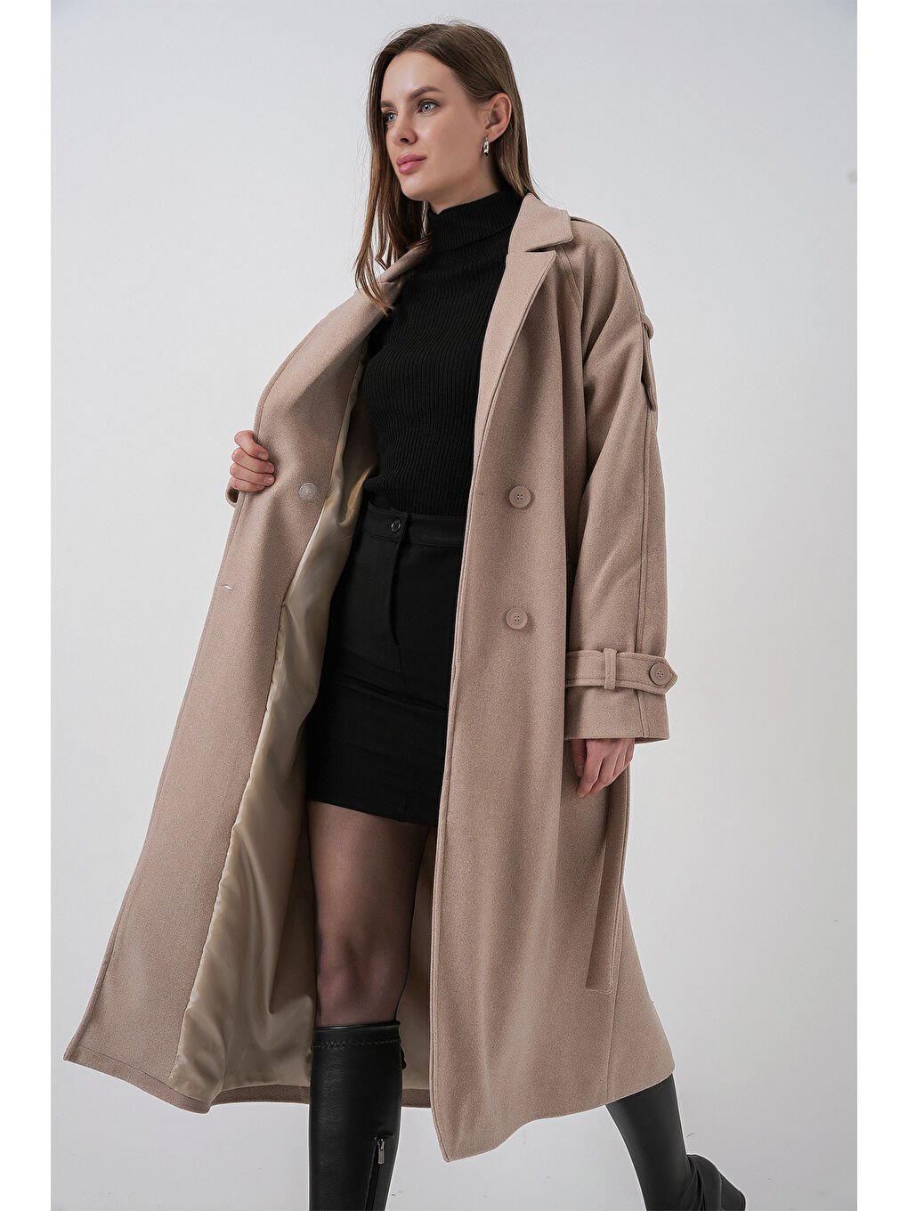 Kadın Kuşaklı Kaşe Kaban 9161 - Bej-2