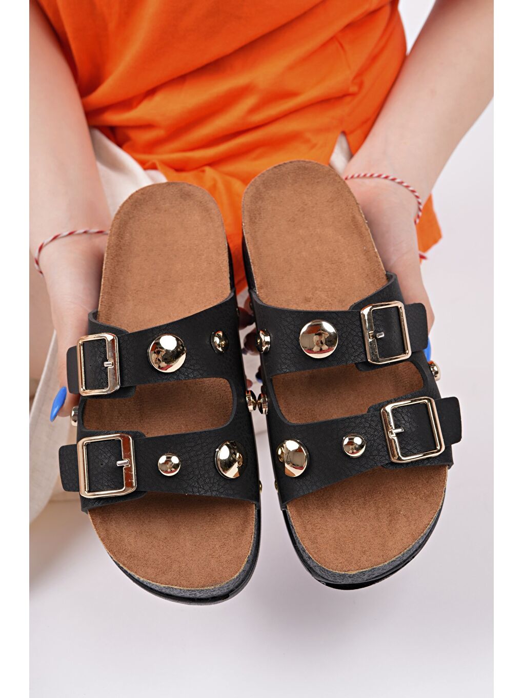 Siyah DENİS Çift Bantlı Ayarlanabilir Kemerli Günlük Kadın Terlik-3