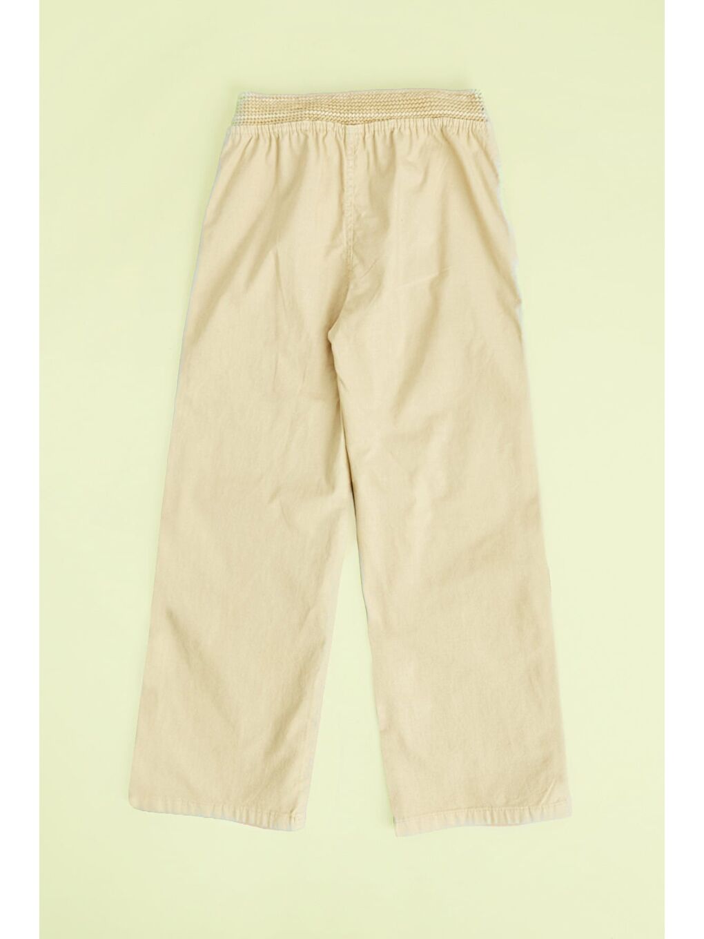 Bej Beli Lastikli Keten Görünümlü Kız Çocuk Pantolon-1