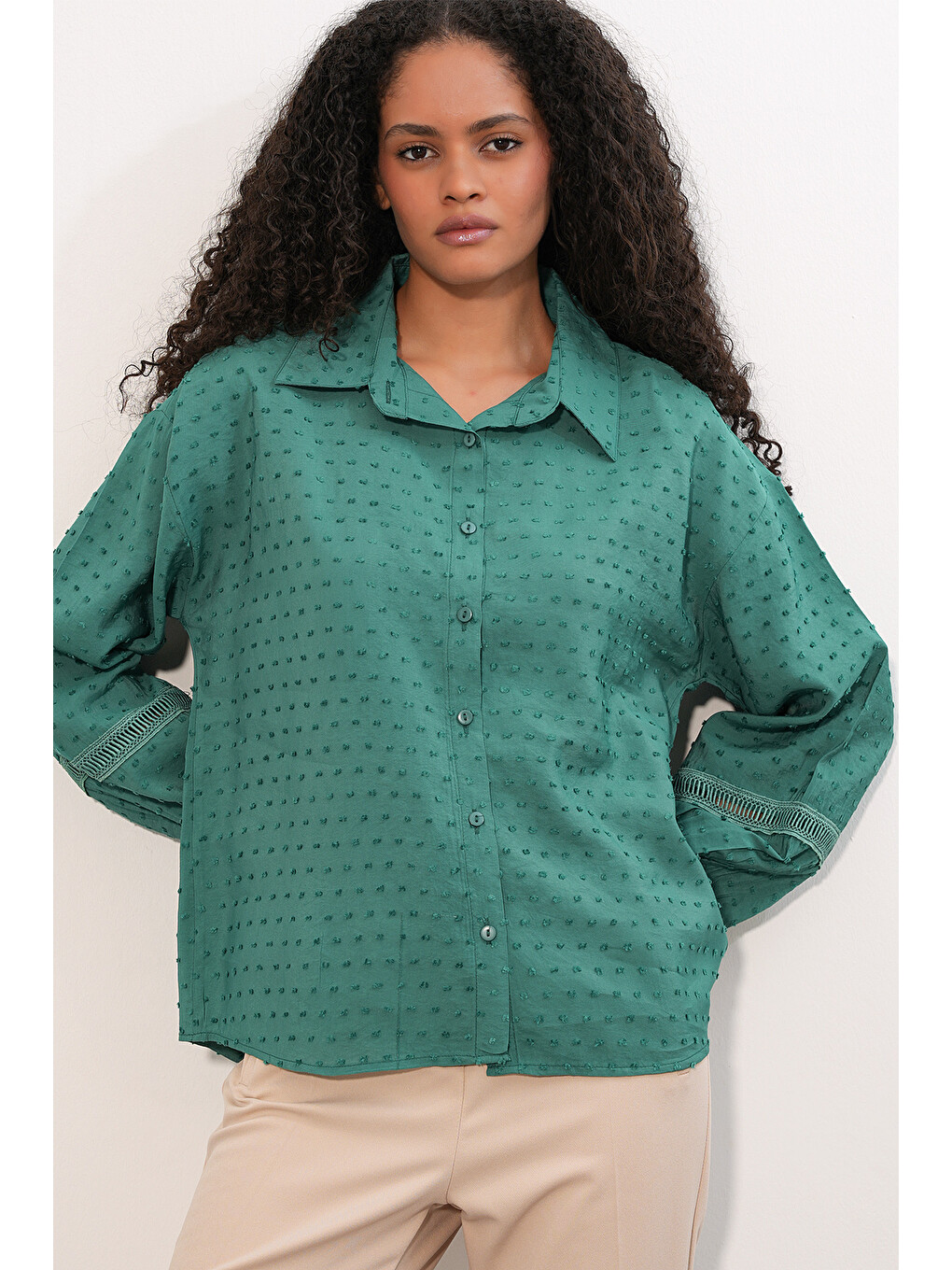 Kadın Oversize Desenli Gömlek 20379 - Zümrüt Yeşili-1